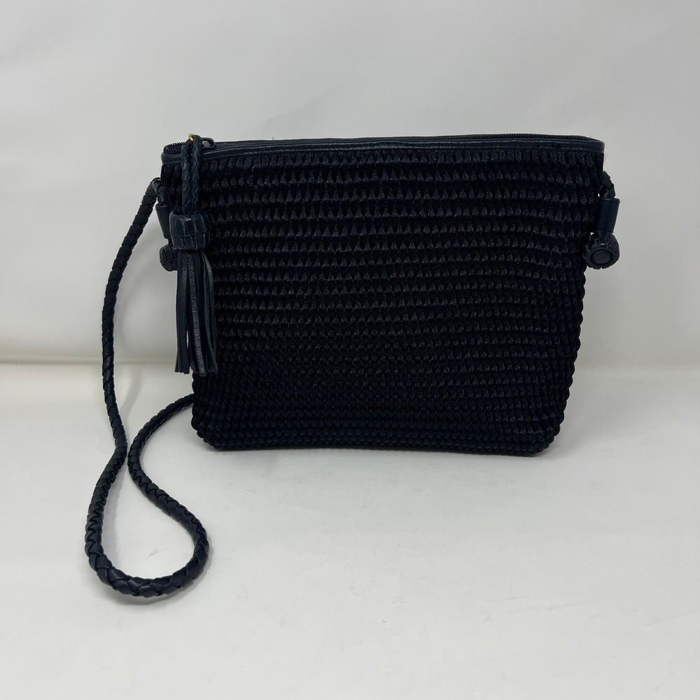 Vintage Pantera Dark Navy Woven Crochet Crossbody Bag Braided Tassel Strap